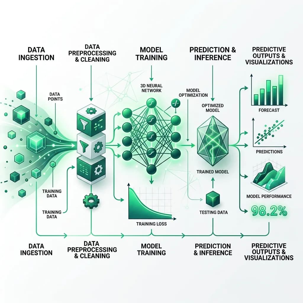 Machine Learning Pipeline Architecture - Data preparation, model training, validation, and deployment