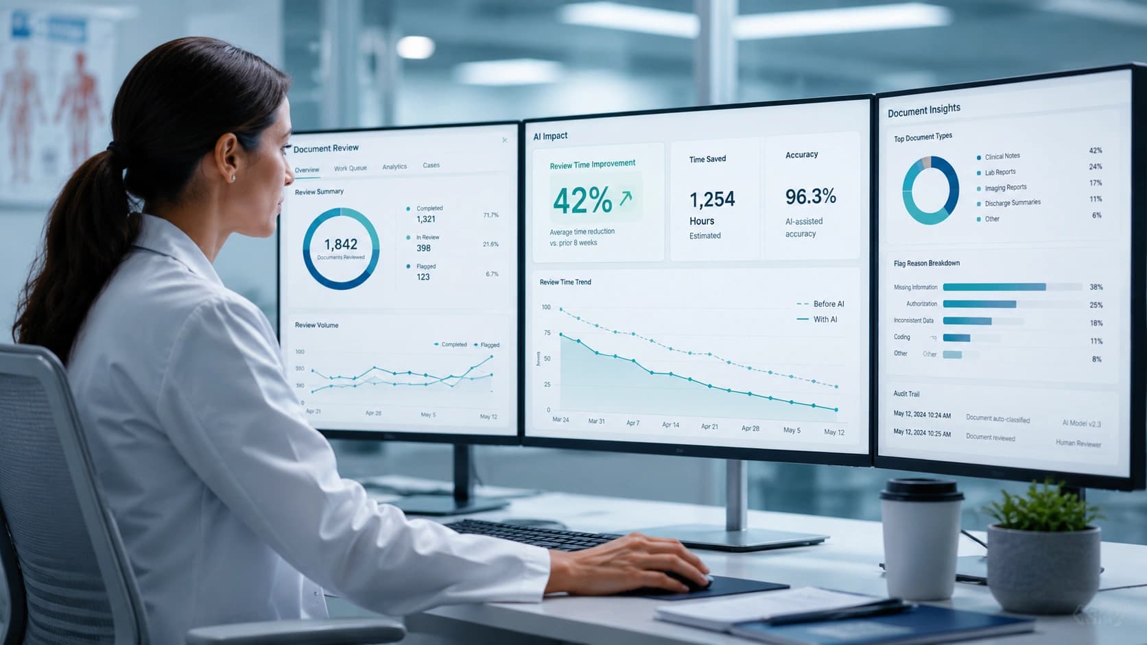 Healthcare professionals using secure digital systems in a clinical environment