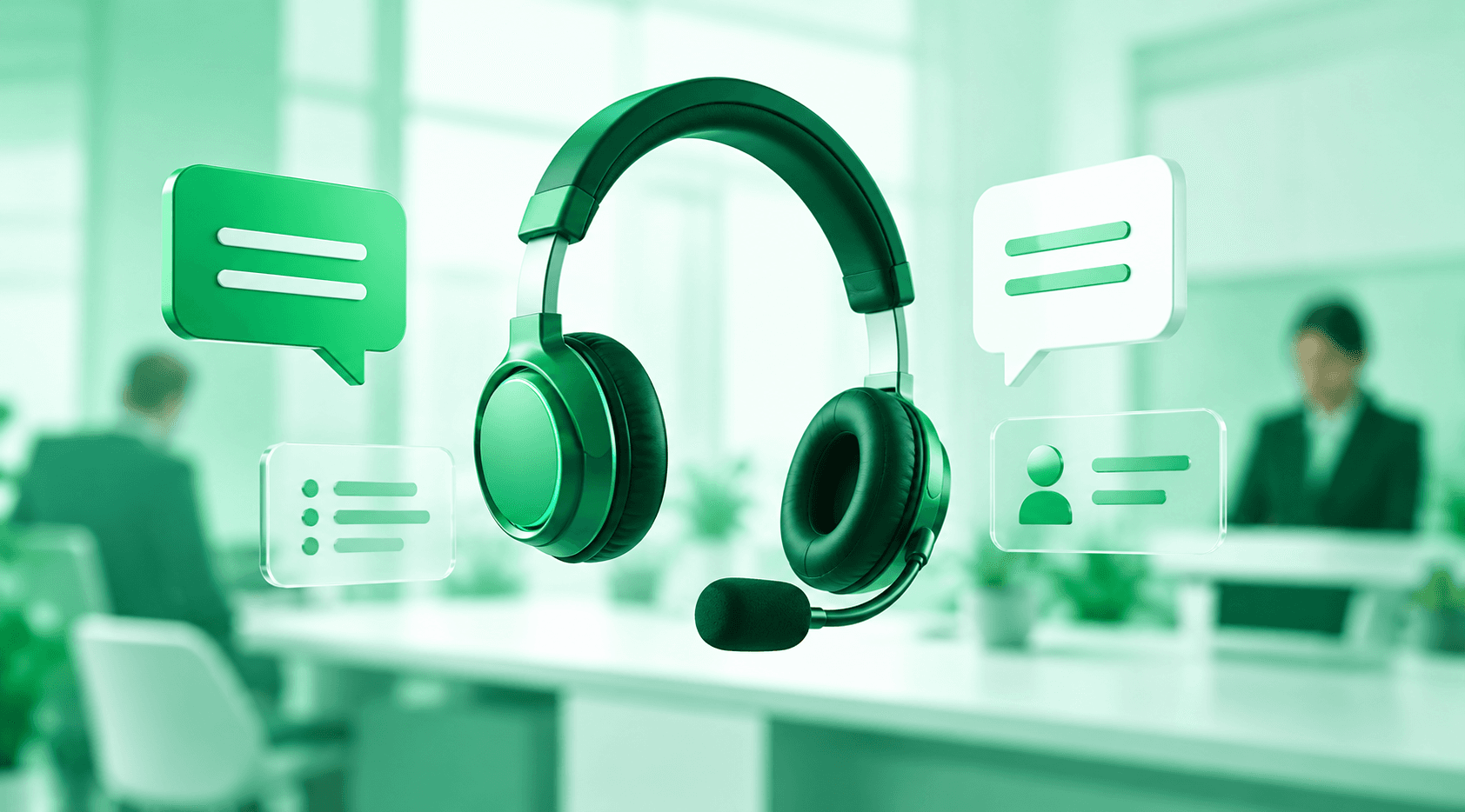 AI customer support headset with digital conversation interface.