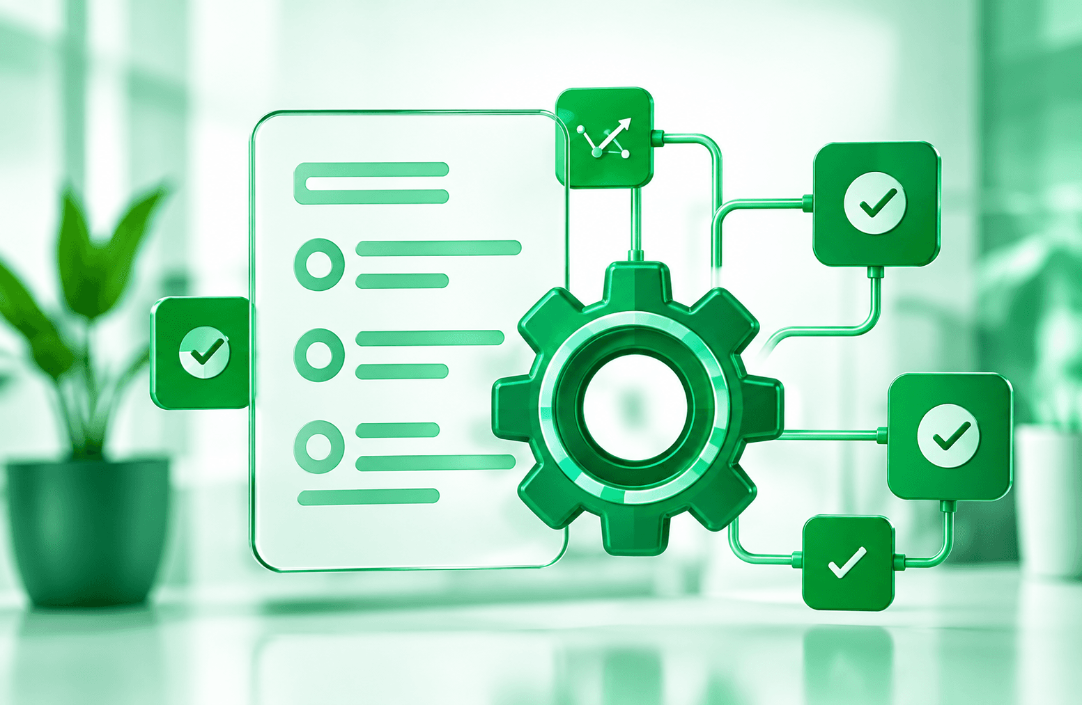 AI workflow automation illustration with connected tasks and approvals.