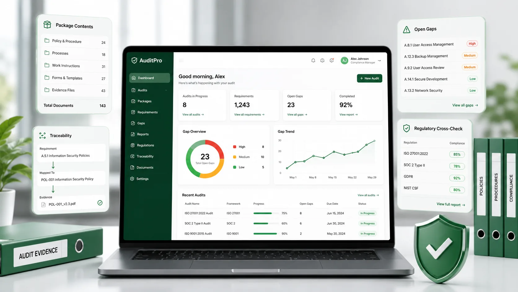 QMS Compliance Agents Audit Package Assembly dashboard showing document checklist and audit readiness status
