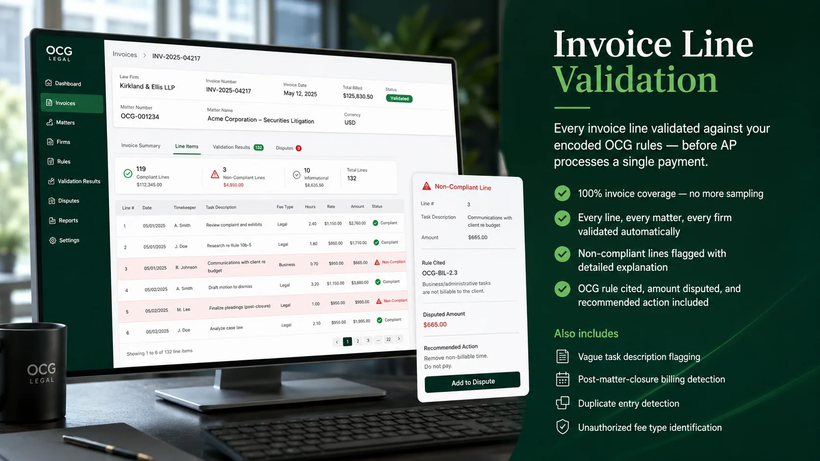 OCG Compliance Agent invoice validation dashboard showing flagged billing lines