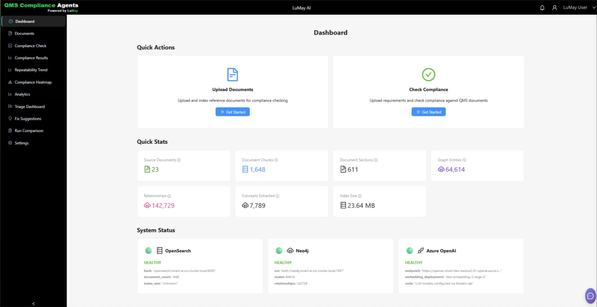 QMS Compliance Agents AI dashboard showing audit readiness score, document traceability, and CAPA intelligence