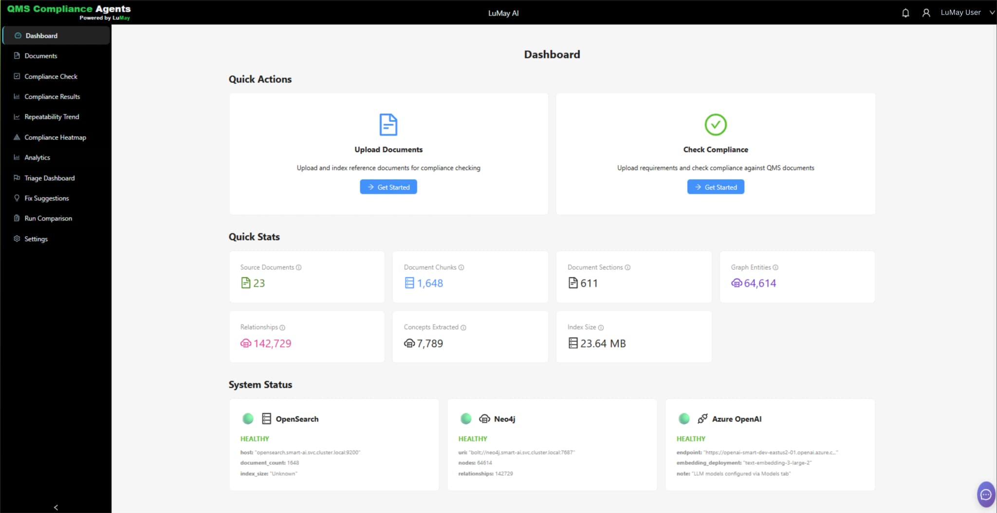 QMS Compliance Agents AI dashboard showing audit readiness score, document traceability, and CAPA intelligence