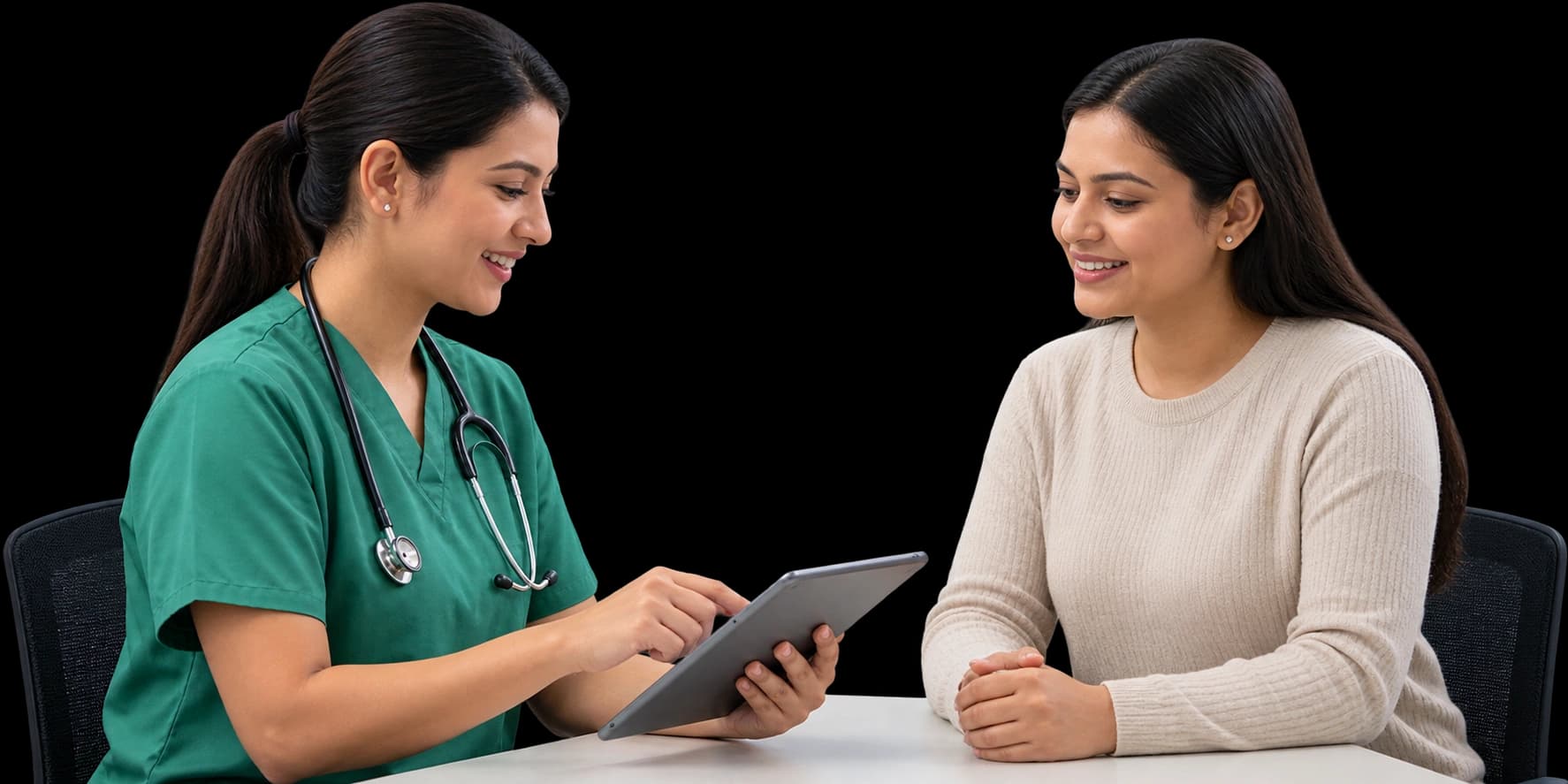 A nurse reviewing a patient's structured workflow information together on a tablet